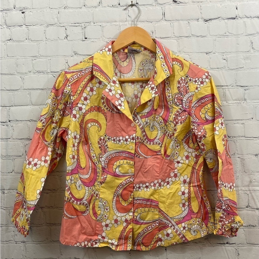 Pine Cone Hill Fine Linens Yellow Pink Paisley Button Up Top Womens Size XS